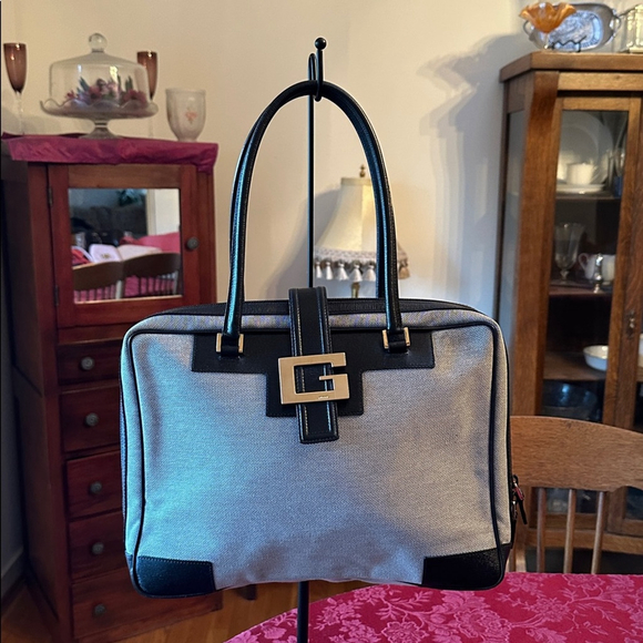 Gucci Handbags - Gucci Black Leather & Gray Canvas Zip Shoulder Tote